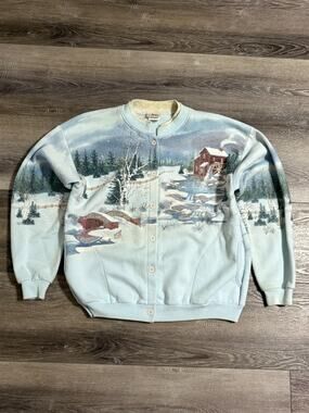 Vintage 90s Artisans Winter Nature Cardigan Retro Made In USA - Men’s Medium